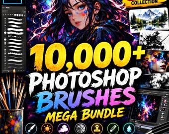 May include: A digital collection of 10,000+ Photoshop brushes featuring a central anime-style character, a brush panel, and various artistic samples. The text reads 10,000+ PHOTOSHOP BRUSHES MEGA BUNDLE and THE ULTIMATE ALL-IN-ONE COLLECTION.