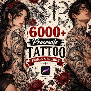 6000+ Procreate Tattoo Stamps & Brushes Mega Bundle | Anime Style Tattoo Brushes, Skulls, Flowers, Butterflies, JapaneseArt, Linework Stamps
