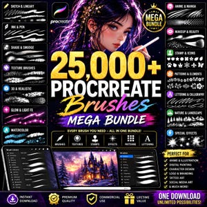25000+ Procreate Brushes Mega Bundle | Anime, Winter, Christmas, Halloween, Makeup, 3D, Texture, Stamp, Lineart | Procreate Brushes bundle