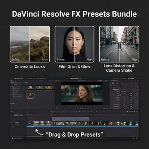 Puede incluir: Imagen promocional del paquete de ajustes preestablecidos de efectos de DaVinci Resolve. La imagen muestra ejemplos de antes y despu&eacute;s de efectos de edici&oacute;n de v&iacute;deo, incluyendo aspectos cinematogr&aacute;ficos, grano de pel&iacute;cula y distorsi&oacute;n de lente. El texto "Drag & Drop Presets" tambi&eacute;n es visible.