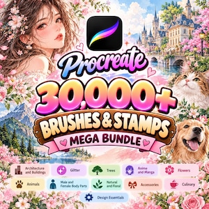Op de afbeelding: Een digitale grafische advertentie voor een Procreate 30.000+ penselen & stempels megabundel. De afbeelding bevat een anime-stijl personage, een kat, een hond, een kasteel en kersenbloesems. Tekstlabels bevatten Architectuur, Glitter, Bomen, Anime, Bloemen, Dieren, Lichaamsdelen, Natuurlijk, Accessoires, Culinair en Design Essentials.