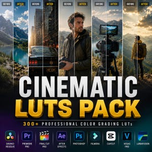 May include: A digital product display for a Cinematic LUTs Pack featuring 300+ professional color grading LUTs. The image shows before and after photo comparisons, bold gold text, and icons for software like DaVinci Resolve, Premiere Pro, and CapCut.
