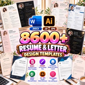 May include: A digital collection of 8600+ resume and cover letter design templates in DOCX, AI, and EPS formats. The display features various professional document layouts with placeholder text, profile photos, and software icons for Microsoft Word and Adobe Illustrator.