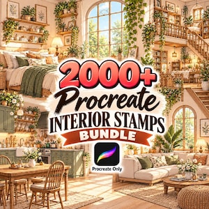 May include: A digital product bundle titled 2000+ Procreate Interior Stamps Bundle featuring a Procreate app icon and text reading Procreate Only, overlaid on a collage of bright, plant-filled home interior scenes including a bedroom and kitchen.