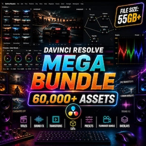 Puede incluir: Un anuncio de producto digital para un DaVinci Resolve Mega Bundle con más de 60.000 activos y un tamaño de archivo de más de 55 GB. El gráfico muestra elementos de la interfaz del software, ruedas de color, una vista previa de video e iconos para títulos, efectos de sonido, transiciones, LUTs, ajustes preestablecidos y superposiciones.