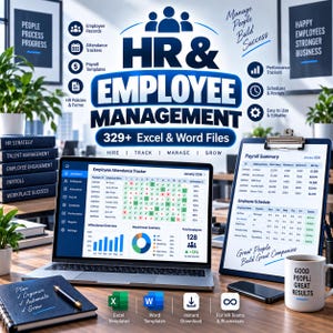 May include: A digital product bundle for HR and employee management featuring 329+ Excel and Word files. The display shows a laptop with an employee attendance tracker dashboard, a clipboard with payroll summaries, and a mug with text.