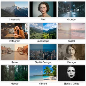 Puede incluir: Una cuadr&iacute;cula de im&aacute;genes que muestran diferentes estilos de edici&oacute;n de fotos. Los estilos incluyen Cinematogr&aacute;fico, Film, Grunge, Instagram, Paisaje, Pastel, Retro, Teal & Orange, Vintage, Melanc&oacute;lico, Vibrante y Blanco y Negro.