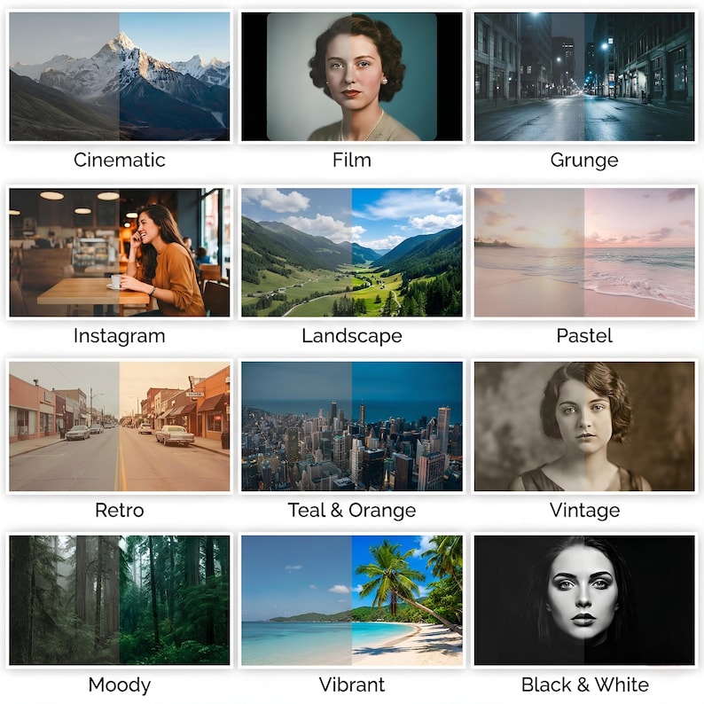 Puede incluir: Una cuadr&iacute;cula de im&aacute;genes que muestran diferentes estilos de edici&oacute;n de fotos. Los estilos incluyen Cinematogr&aacute;fico, Film, Grunge, Instagram, Paisaje, Pastel, Retro, Teal & Orange, Vintage, Melanc&oacute;lico, Vibrante y Blanco y Negro.