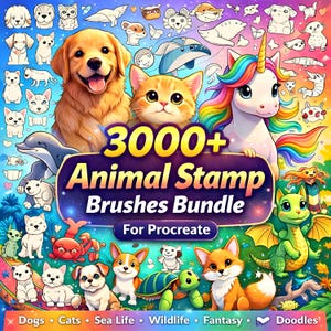 3000+ Procreate Animal Stamp Brushes Bundle | Dog Cat Wildlife Sea Animal Stamps | Procreate Brushes Mega Bundle | Digital Drawing Stamps