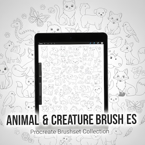 May include: A black tablet displays a collection of animal and creature illustrations, surrounded by similar line drawings of cats, dogs, foxes, birds, and other creatures. The text "ANIMAL & CREATURE BRUSH ES" and "Procreate Brushset Collection" are at the bottom.