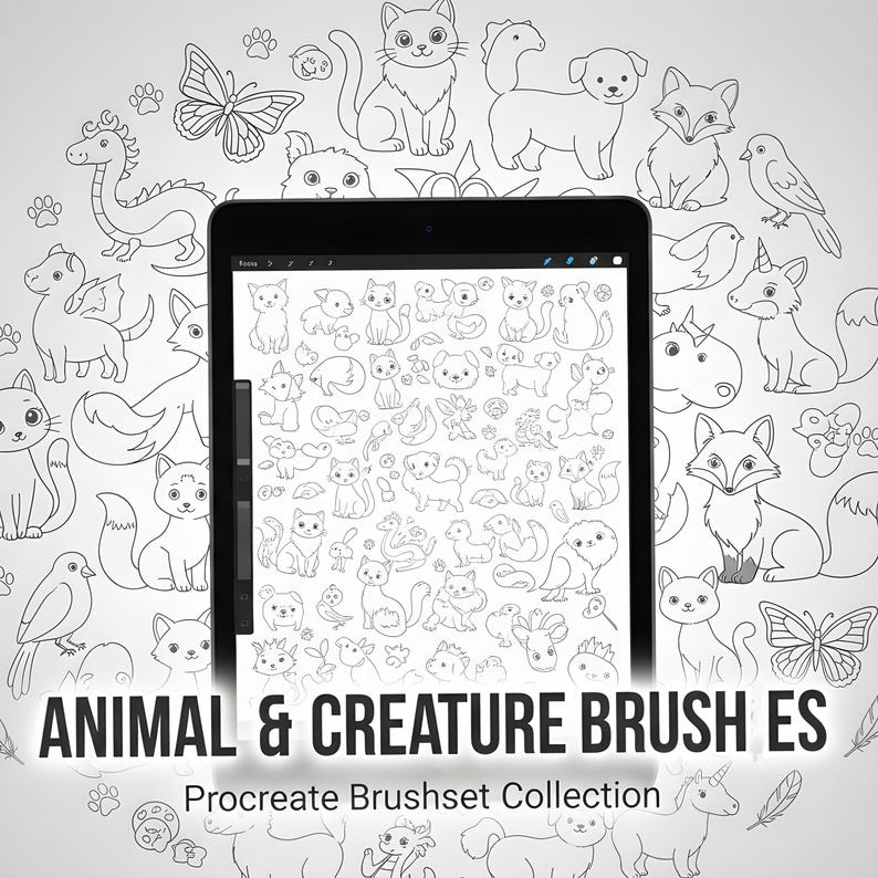 May include: A black tablet displays a collection of animal and creature illustrations, surrounded by similar line drawings of cats, dogs, foxes, birds, and other creatures. The text "ANIMAL & CREATURE BRUSH ES" and "Procreate Brushset Collection" are at the bottom.