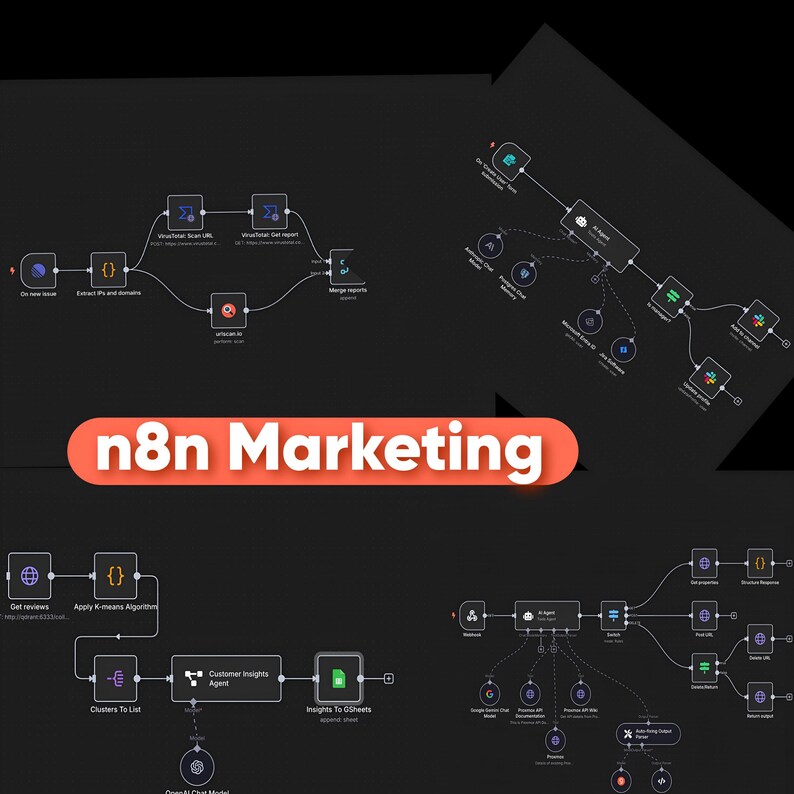 May include: A digital workflow diagram on a dark background featuring the text n8n Marketing in a bold orange rounded rectangle. The image displays four distinct technical flowcharts with interconnected nodes, icons, and lines representing automated processes.