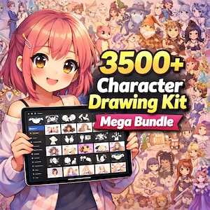 Könnte beinhalten: Anime-Illustration einer jungen Frau, die ein Tablet mit Charakter-Zeichenreferenzen hält. Der Tablet-Bildschirm zeigt verschiedene Charakterposen. Das Bild enthält den Text "3500+ Character Drawing Kit Mega Bundle."