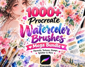 Op de afbeelding: Een digitaal productpakket met 1000+ Procreate aquarelborstels, inclusief texturen, stempels en spetters. De afbeelding toont een aquarelillustratie van een persoon, een tablet met een stylus en diverse penselen.