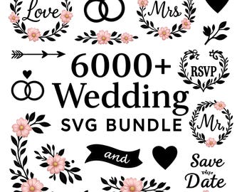 Pacchetto SVG per matrimoni di oltre 6000 pezzi / SVG per la sposa / Citazioni per la festa nuziale / PNG per lo sposo / Icone clipart per matrimoni / Svg per il signor e la signora / File Svg Png Dxf Eps Ai Pdf