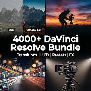 Op de afbeelding: Promotieafbeelding voor een DaVinci Resolve-bundel. De afbeelding toont berglandschappen, een videograaf die een zonsondergang filmt, een stad 's nachts met lichtsporen en een professionele videocamera op een statief. Tekst luidt "4000+ DaVinci Resolve Bundle".