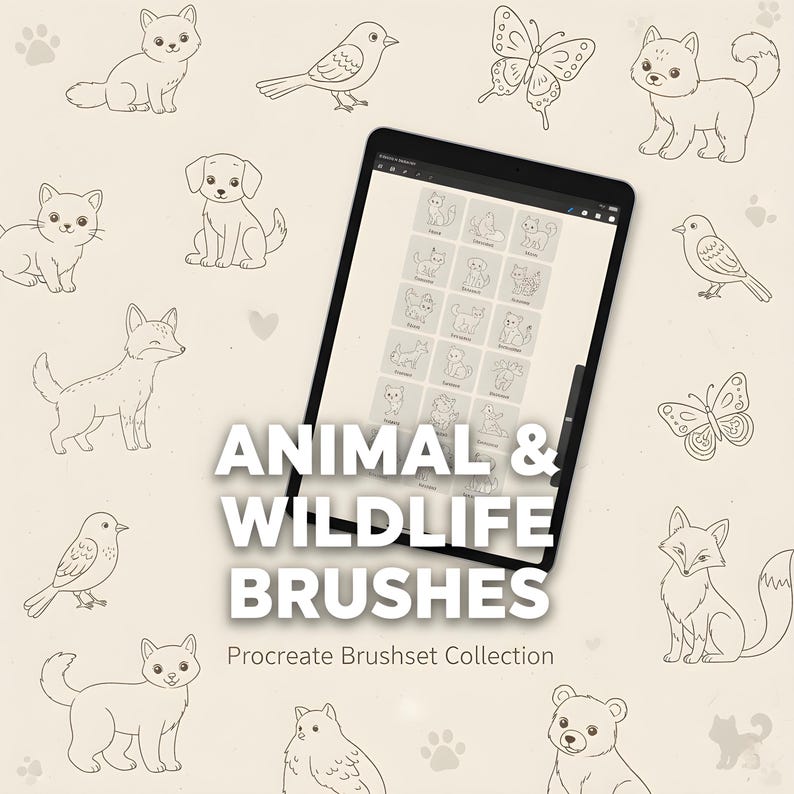 May include: A digital tablet displays a collection of animal and wildlife brushes. The image features line art illustrations of various animals, including cats, dogs, birds, butterflies, and foxes. The text "ANIMAL & WILDLIFE BRUSHES" is prominently displayed.
