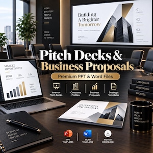 May include: A digital product set for pitch decks and business proposals featuring a laptop displaying market opportunity charts, a printed business proposal document, a black notebook with a pen, and a black mug with the text Better Ideas Bigger Opportunities.