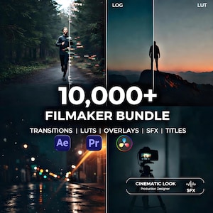 Puede incluir: Imagen promocional para un paquete de cineasta. La imagen presenta un corredor en un bosque, una persona en una montaña y una escena de la ciudad. El texto incluye "10.000+ Filmmaker Bundle" y enumera transiciones, LUT, superposiciones, SFX y títulos.