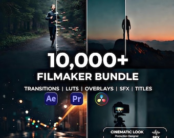 Pacchetto Filmmaker con oltre 10.000 risorse / Transizioni, LUT, sovrapposizioni, effetti sonori e titoli / Premiere Pro, After Effects, DaVinci Resolve