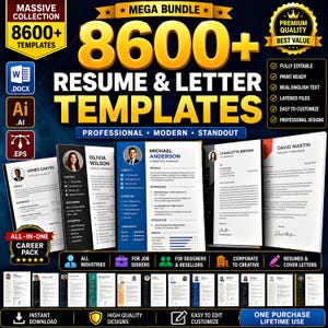 Könnte beinhalten: Ein digitales Mega-Bundle mit über 8600 Lebenslauf- und Anschreiben-Vorlagen, professionellen Layouts, Symbolen für DOCX-, AI- und EPS-Dateiformate sowie einer Liste von Funktionen wie vollständig bearbeitbaren, druckfertigen und mehrschichtigen Dateien.