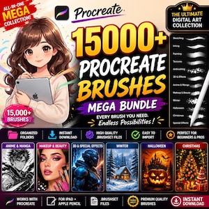 May include: A digital art collection for Procreate featuring over 15,000 brushes in a mega bundle. The graphic includes an anime-style character with a tablet, a list of brush categories, and six preview panels showing anime, makeup, 3D, winter, Halloween, and Christmas themes.