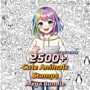 Pode incluir: Ilustração de um personagem de estilo anime com cabelo arco-íris sorrindo e segurando um tablet. O fundo é preenchido com desenhos de linha de vários animais fofos. O texto na imagem diz "2500+ Cute Animals Stamps Mega Bundle" e "Procreate".
