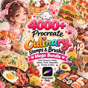 May include: A digital art bundle for Procreate featuring 4000+ culinary stamps and brushes. The graphic displays various food items including pancakes, burgers, sushi, pasta, and desserts, with the text 4000+ Procreate Culinary Stamps & Brushes Mega Bundle.