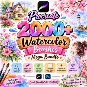 May include: A digital product advertisement for 2000+ Procreate watercolor brushes. The graphic features a colorful title, a wooden sign, watercolor illustrations of a house, lighthouse, and flowers, and icons for various brush types.