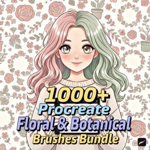 May include: Digital art featuring a smiling anime-style character with pink and green hair, holding a tablet. The tablet displays the text "1000+ Procreate Floral & Botanical Brushes Bundle". The background is a floral pattern with roses and leaves.