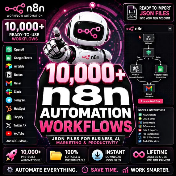10,000+ n8n Automation Workflows Bundle | JSON Files for Businesses, Marketing, AI, E-Commerce & Productivity Tools