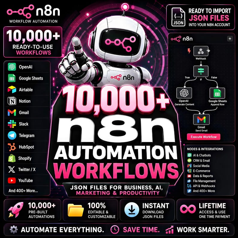 May include: A digital graphic featuring a white robot with pink accents promoting 10,000+ n8n automation workflows. The design includes lists of software integrations, a workflow diagram, and text stating JSON files for business, AI, marketing, and productivity.