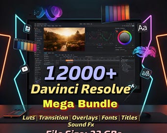 Paquete Mega de DaVinci Resolve con más de 12 000 transiciones, LUT, títulos, fuentes y efectos / Funciona en cualquier FPS / Plantillas de edición de video /