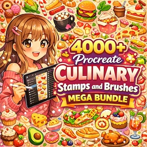 May include: An anime-style illustration featuring a smiling character holding a tablet with culinary stamps and brushes. The image is surrounded by various food illustrations, and the text reads "4000+ Procreate Culinary Stamps and Brushes MEGA BUNDLE."