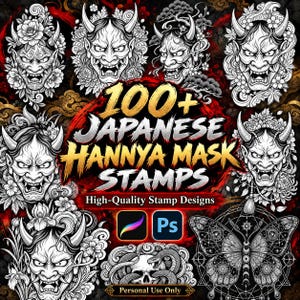 Può includere: Una collezione digitale di oltre 100 timbri di maschere Hannya giapponesi con intricate illustrazioni in bianco e nero di maschere cornute, motivi floreali, un teschio con un serpente e una farfalla, con icone Procreate e Photoshop.