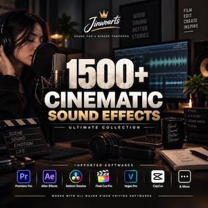 Könnte beinhalten: Eine digitale Sammlung mit dem Titel 1500+ Cinematic Sound Effects Ultimate Collection von Jinwoarts. Die Grafik zeigt ein Tonstudio mit Kopfhörern, einem Mikrofon, einem Computermonitor mit Audiowellenformen und Software-Symbolen.
