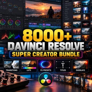 May include: A digital product advertisement for the 8000+ DaVinci Resolve Super Creator Bundle, featuring a software interface background, a central logo, and five labeled icons for transitions, LUTs, FX presets, titles, and overlays.