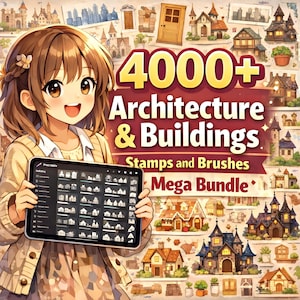 May include: An illustration of a person holding a tablet displaying architectural stamps and brushes. The image features the text "4000+ Architecture & Buildings Mega Bundle". Various building illustrations surround the text and person.