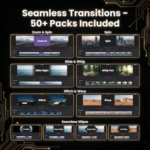 Puede incluir: Un gr&aacute;fico que muestra transiciones de edici&oacute;n de video. La imagen muestra varios tipos de transiciones, incluyendo Zoom In, Spin, Slide Right, Whip Pan, Glitch, Warp, Iris Wipe, Linear Wipe, Shape Wipe y Soft Wipe. El texto dice "Seamless Transitions - 50+ Packs Included."