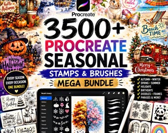 3500+ Seasonal Procreate Stamps & Brushes Mega Bundle | Holiday, Birthday, Autumn, Christmas, Halloween, Spring, Summer, Valentines, Winter