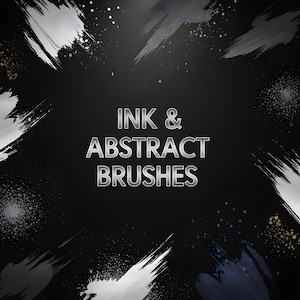 May include: Black background with white, gray, and blue brush strokes. The text "INK & ABSTRACT BRUSHES" is in silver letters. The image has an artistic, abstract theme.