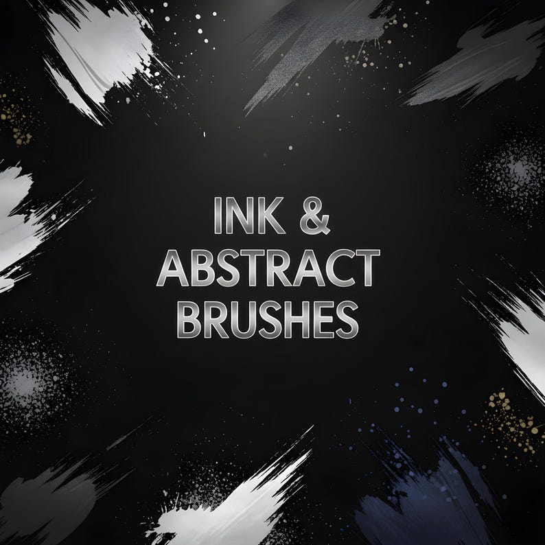 May include: Black background with white, gray, and blue brush strokes. The text "INK & ABSTRACT BRUSHES" is in silver letters. The image has an artistic, abstract theme.