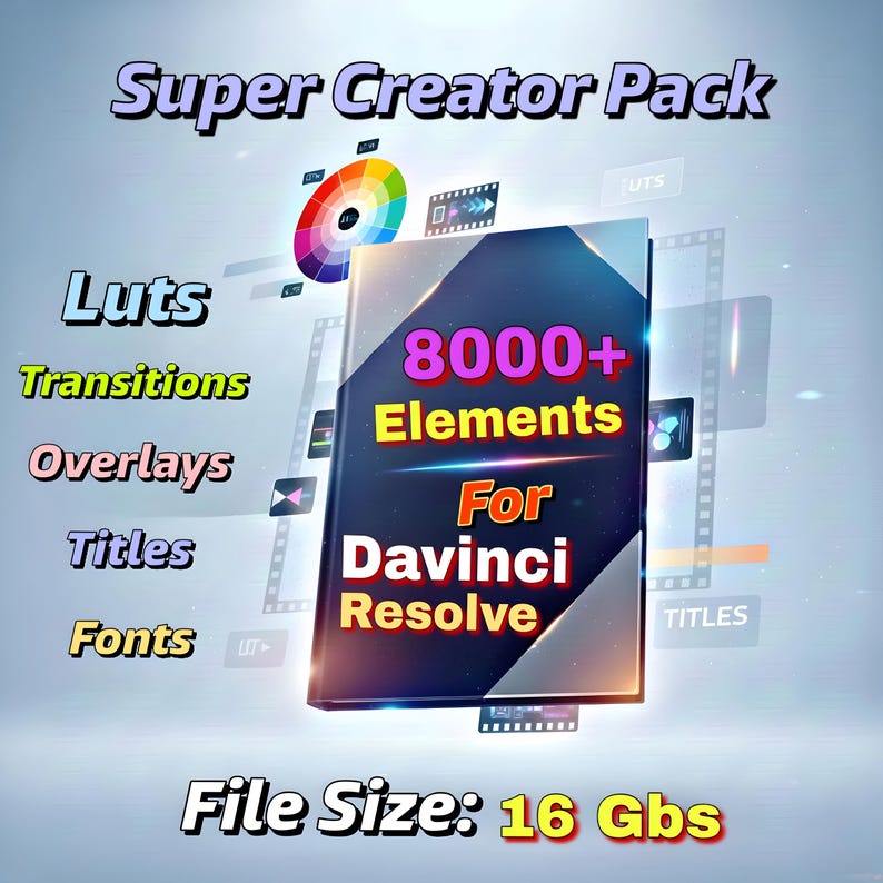 Paquete de más de 8000 elementos de DaVinci Resolve: LUT, transiciones, superposiciones, títulos, fuentes, DR17+, plantillas de edición de video para redes sociales imagen 1