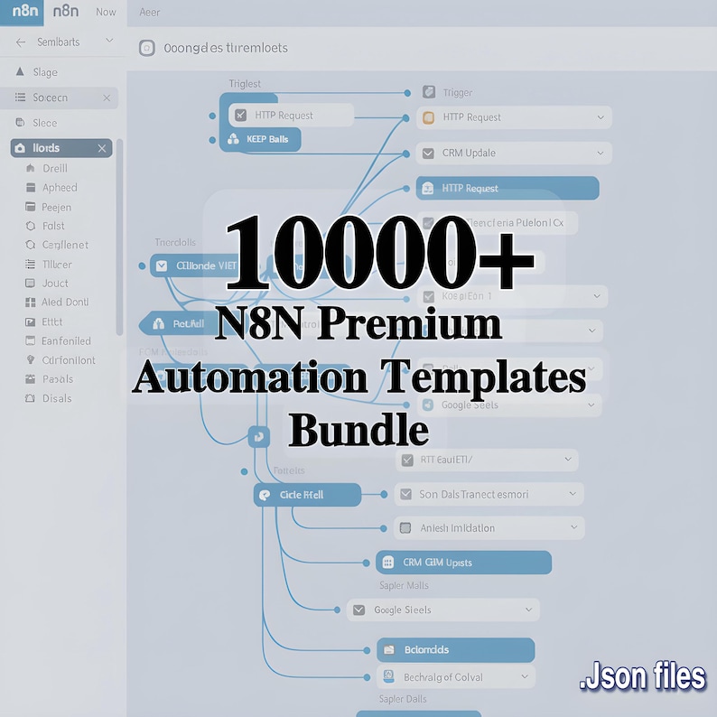 May include: A digital interface displaying a complex workflow automation diagram with interconnected nodes and lines. The text 10000+ N8N Premium Automation Templates Bundle is centered in bold black font, with .Json files in the bottom right corner.