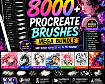 8000+ Procreate Brushes Mega Bundle | Anime, Ink, Pencil, Watercolor, Stamps, Textures & Calligraphy | iPad Procreate Brushset Pack