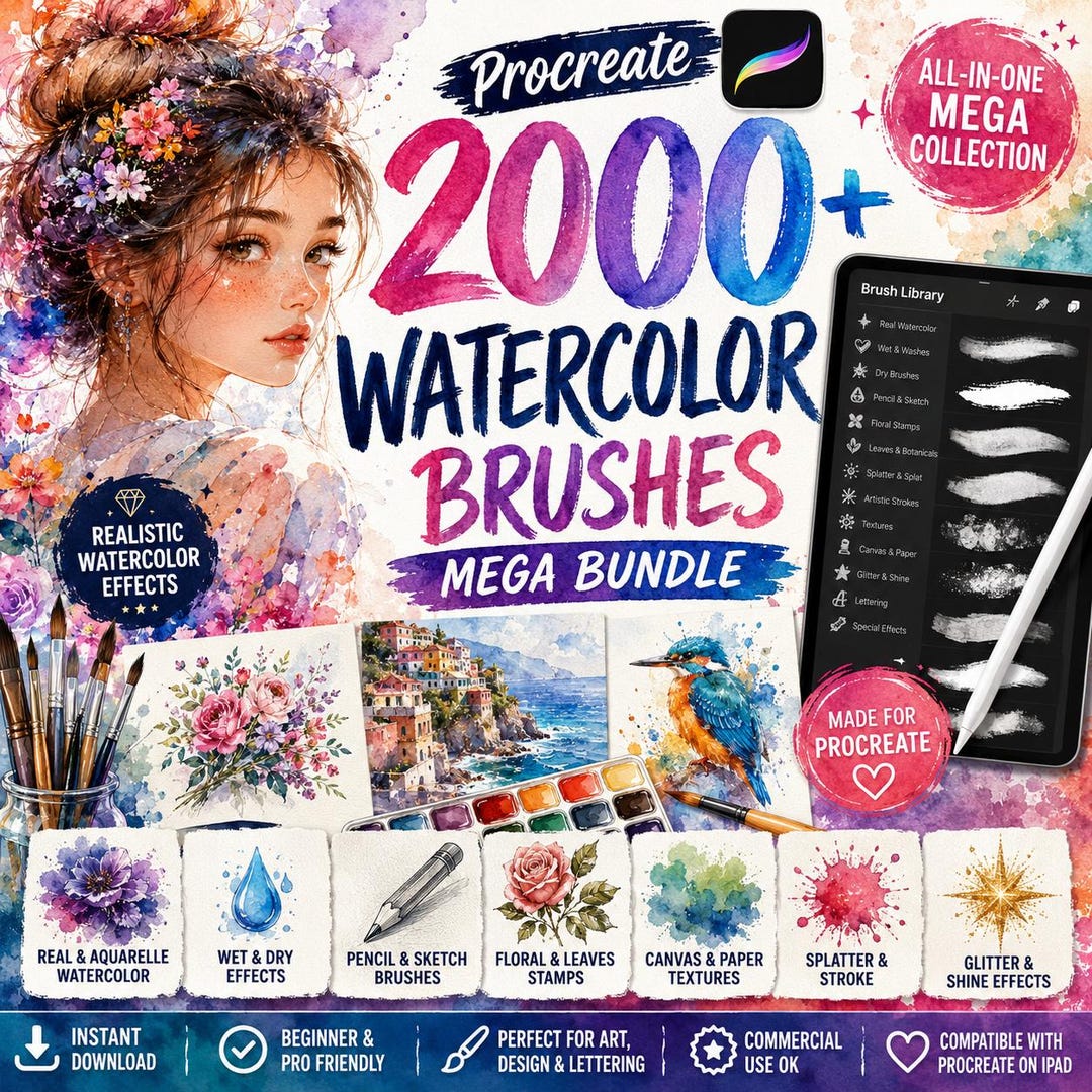 Procreate Watercolor Brushes Bundle | 2000+ Digital Watercolors Brush ...