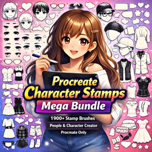 Mais de 1900 pincéis para Procreate com personagens e pessoas | Carimbos para olhos, cabelo, lábios, rosto, roupas e acessórios | Pacote de pincéis para retratos