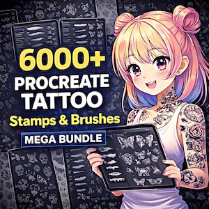 Op de afbeelding: Digitale kunstbundel voor Procreate met meer dan 6000 stempels en penselen. De afbeelding toont een anime-stijl personage dat een tablet vasthoudt met tattoo-ontwerpen. De tekst luidt "6000+ Procreate Tattoo Stamps & Brushes MEGA BUNDLE."