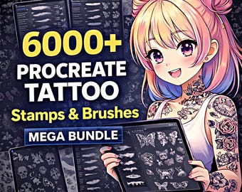 6000+ Procreate Tattoo Stamps & Brushes Mega Bundle | Anime Style Tattoo Brushes, Skulls, Flowers, Butterflies, JapaneseArt, Linework Stamps