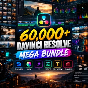 May include: A digital software bundle for DaVinci Resolve featuring the text 60,000+ DAVINCI RESOLVE MEGA BUNDLE. The interface displays video editing tools, color wheels, transition previews, and icons for transitions, LUTs, FX, presets, titles, and filmmaker tools.